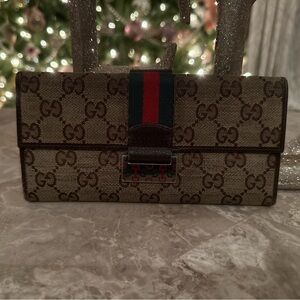 💚❤️GUC❤️💚 Gucci Fold Wallet Sherry Line Long Wallet GG Brown Canvas with leather